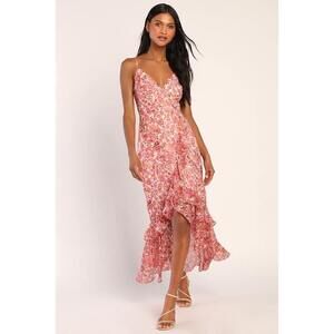Pink Floral High Low Maxi Dress Spaghetti Strap Ruffle Hem Lulus Size XS
